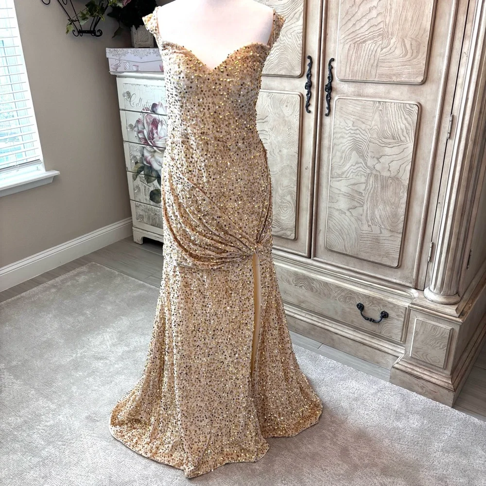 NEW, Gold Sequins Dress, Gold Dress, Prom Dress, NWOT, Size L - Picture 1 of 11
